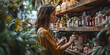 A stylish woman browsing shelves of cosmetic bottles on a bustling street, her clothing and outdoor surroundings reflecting her sophisticated taste
