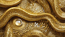 3d Render, Abstract Fantasy Background With Wavy Tangled Golden Snakes, Shiny Metallic Dragon Scales Texture, Unique Wallpaper