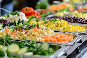 Poster - Catering meals prepared for guests at a wedding or hotel dinner. Healthy salads and other vegetables.