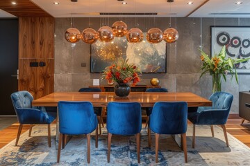 Poster - Dining room with wooden table and blue chairs