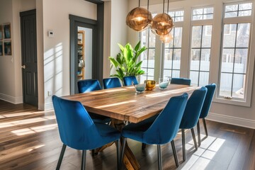 Wall Mural - Dining room with wooden table and blue chairs