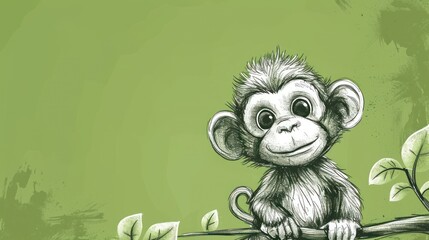  a drawing of a monkey sitting on a branch with leaves on it's back and eyes wide open, with a green background behind it is a drawing of a.