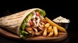 Side view chicken doner in pita bread with french fries with ketchup and mayonnaise on the board