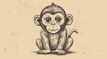  A Black And White Drawing Of A Monkey With A Sad Look On It's Face, Sitting In Front Of A Beige Background With A Faded Textured Effect.