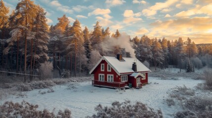 Wall Mural - A bright burgundy wooden house stands alone in the middle of a large winter forest