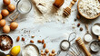 A variety of baking ingredients and utensils laid out on a classic kitchen countertop.