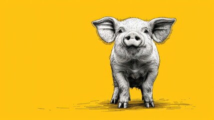Wall Mural -  a black and white drawing of a pig on a yellow background with a black and white drawing of a pig on the right side of the pig's face.