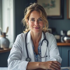 A female doctor in a white coat sits at her desk and looks at the camera