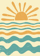 abstract summer landscape, sea, sun, waves. Paradise vacation in nature, the ocean in a minimalist retro style. hand drawn poster, banner, background. for printing, wall art. art vector illustration.