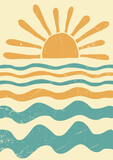 Fototapeta Abstrakcje - abstract summer landscape, sea, sun, waves. Paradise vacation in nature, the ocean in a minimalist retro style. hand drawn poster, banner, background. for printing, wall art. art vector illustration.