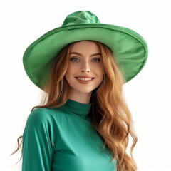 Wall Mural - A woman in a large green hat stands smiling and looking at the camera on a white isolated