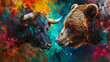The essence of market dynamics with bull vs. bear stock market collection. Illustrate financial concepts, investing strategies, and market trends art combination ups & downs