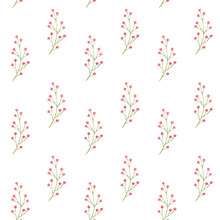 Simply Floral Pattern. Watercolor Hand Painted Seamless Pattern With Pink Flowers And Green Leaves.