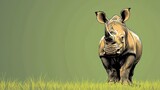 Fototapeta  -  a drawing of a rhinoceros standing in a field of grass with its head turned to the side, with the rhinoceros facing away from the camera.