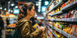A woman in a stylish coat stands confidently in a bustling convenience store, clutching a bag of fresh groceries as she browses the well-stocked shelves