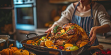 A Fast-paced Thanksgiving Feast In The Indoor Kitchen As A Person Expertly Cooks A Large Turkey, Surrounded By Colorful Vegetables And Spooky Halloween Decorations