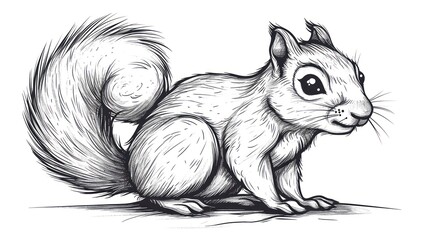 Wall Mural -  a black and white drawing of a squirrel with big eyes and a tail, sitting on the ground, looking to the side, with one eye wide open and one eye wide open.