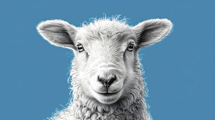  a close up of a sheep's face on a blue background with a blurry image of the sheep's face and the sheep's head is looking at the camera.