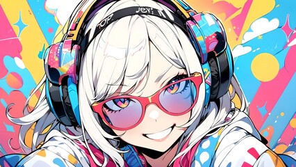 Cute anime girl in headphones and glasses, digital art, vector drawing  