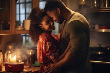 Poster - A loving couple sharing an embrace in a cozy kitchen. Perfect for illustrating relationships and domestic bliss