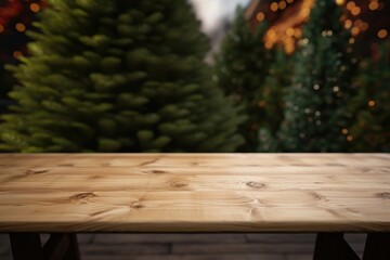 Poster - A wooden table with a Christmas tree in the background. Perfect for holiday-themed designs and festive concepts