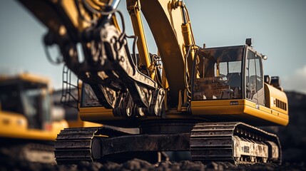 Wall Mural - A yellow excavator sitting on top of a pile of dirt. This image can be used to depict construction, earthmoving, or heavy machinery