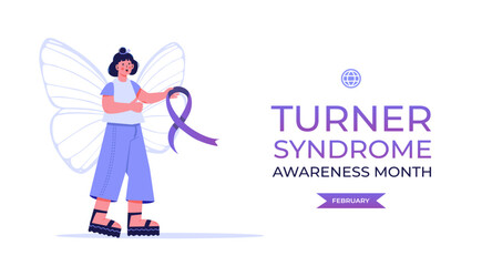  Turner syndrome awareness month. February. Girl with butterfly wings and purple ribbon. Flat vector.