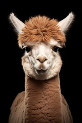 Poster - A close-up view of a llama's face on a black background. This image can be used for various purposes