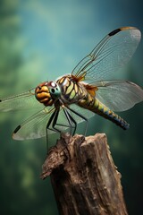 Poster - A dragonfly perched on a piece of wood. Perfect for nature enthusiasts and insect lovers