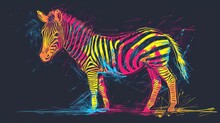  A Colorful Zebra Standing In The Middle Of A Black Background With A Splash Of Paint All Over It's Body