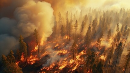 Poster - A fire burning through a forest filled with trees. Can be used to illustrate the destructive power of wildfires and the need for forest fire prevention