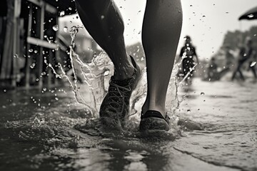 Poster - A captivating black and white photo capturing the moment when a person's feet are splashing water. Perfect for adding a dynamic touch to any project or design