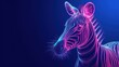  a close up of a zebra's head with a blue and pink light shining on the back of it's head and behind it's head, on a dark blue background.