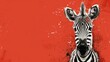  a close up of a zebra's head on a red background with a black and white zebra's head and a black and white zebra's head on a red background.