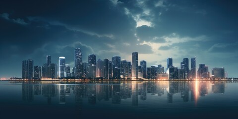 Poster - A captivating view of a city at night as seen from the water. This image can be used to depict the vibrant nightlife of the city or to illustrate the beauty of urban landscapes.