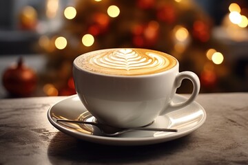 Poster - A simple yet elegant image of a cup of coffee placed on a saucer with a spoon. This picture can be used to depict a relaxing coffee break or to illustrate the concept of a hot beverage