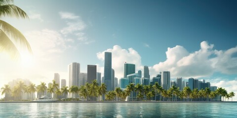 Poster - A picturesque city skyline with palm trees in the foreground. Perfect for urban and tropical-themed designs