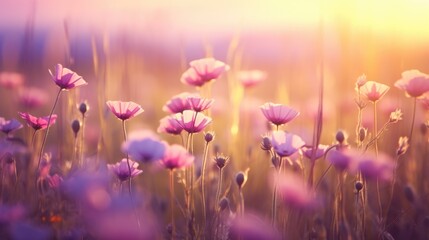 Wall Mural - A stunning view of a field of pink flowers with the sun setting in the background. Perfect for adding a touch of beauty to any project