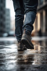 Poster - A person walking on a wet sidewalk in the rain. Perfect for illustrating rainy weather or urban scenes