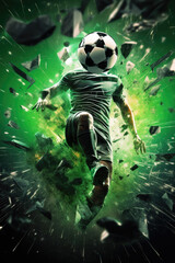 Poster - A man is shown kicking a soccer ball through a vibrant green explosion. This image can be used to represent energy, power, and excitement in sports or any dynamic activity
