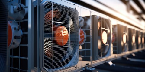 Poster - A building with a row of air conditioning units. Suitable for illustrating energy efficiency or commercial buildings