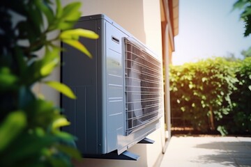 Poster - A building with an air conditioner unit installed on the side. Suitable for illustrating architecture, construction, or energy efficiency