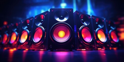 Aufkleber - A group of speakers sitting on top of a table. Can be used for presentations, meetings, or audio-related concepts