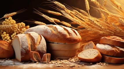 Poster - A bunch of bread sitting on top of a wooden table. Suitable for food and kitchen-related projects