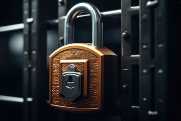 Poster - A golden padlock securely fastened to a metal gate. Suitable for security, protection, and access control concepts.