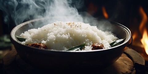 Poster - A bowl filled with rice and meat on top of a wooden table. Perfect for food and cooking-related projects