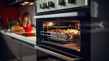 Poster - An oven with food inside, ready to be cooked. Perfect for showcasing delicious meals and cooking preparations