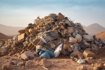 Poster - A pile of trash in the desert with mountains in the background. This image can be used to portray environmental pollution and the impact of human activity on nature