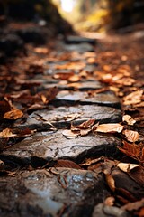 Sticker - A picturesque cobblestone path covered in fallen leaves. Perfect for adding a touch of autumn charm to any design