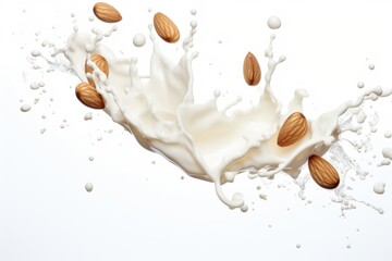 Fototapete - A splash of milk with almonds on top. Perfect for food and beverage-related designs